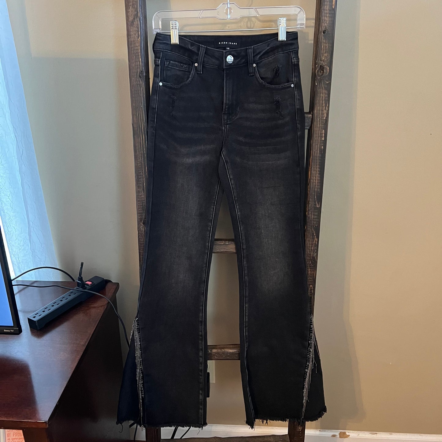 Size 25 Risen Rhinestone Fringe Flare Jeans