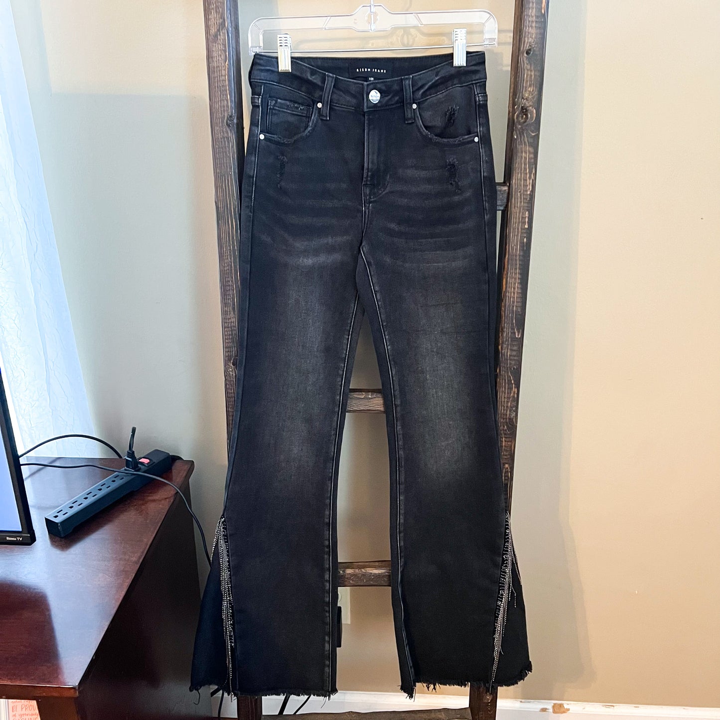 Size 25 Risen Rhinestone Fringe Flare Jeans